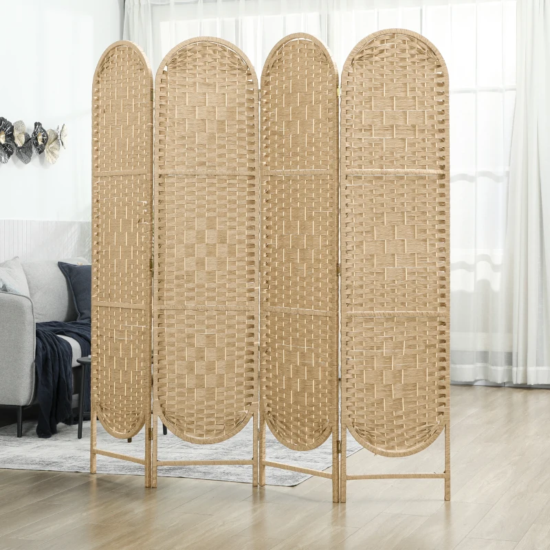HOMCOM Biombo Separador de Ambientes 4 Paneles 160x170 cm con Parte Superior Arqueada Tejido a Mano Divisor Plegable Natural