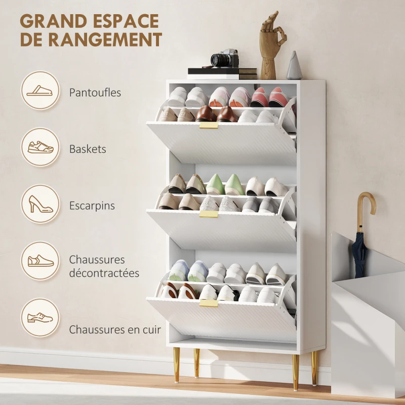 HOMCOM Meuble à chaussures 18 paires avec 3 tiroirs rabattables, portes cannelées et étagères réglables, 60x24x122,5cm, blanc