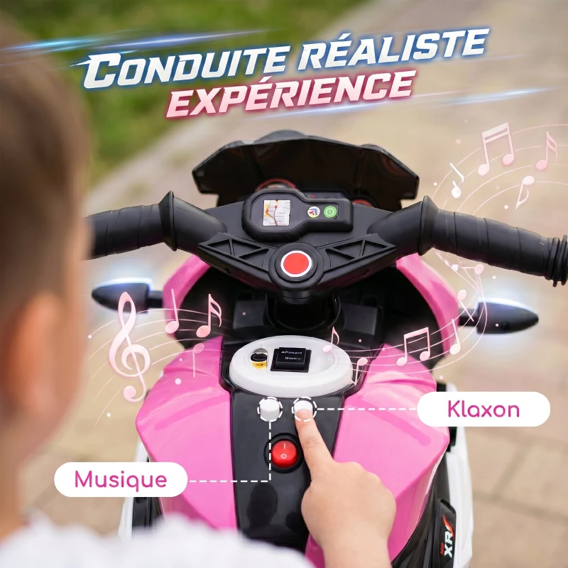 HOMCOM Moto électrique enfants 3 roues 6 V, voiture électrique enfants 3 à 5 ans, effets lumineux et sonores, 86x42x52cm, rose
