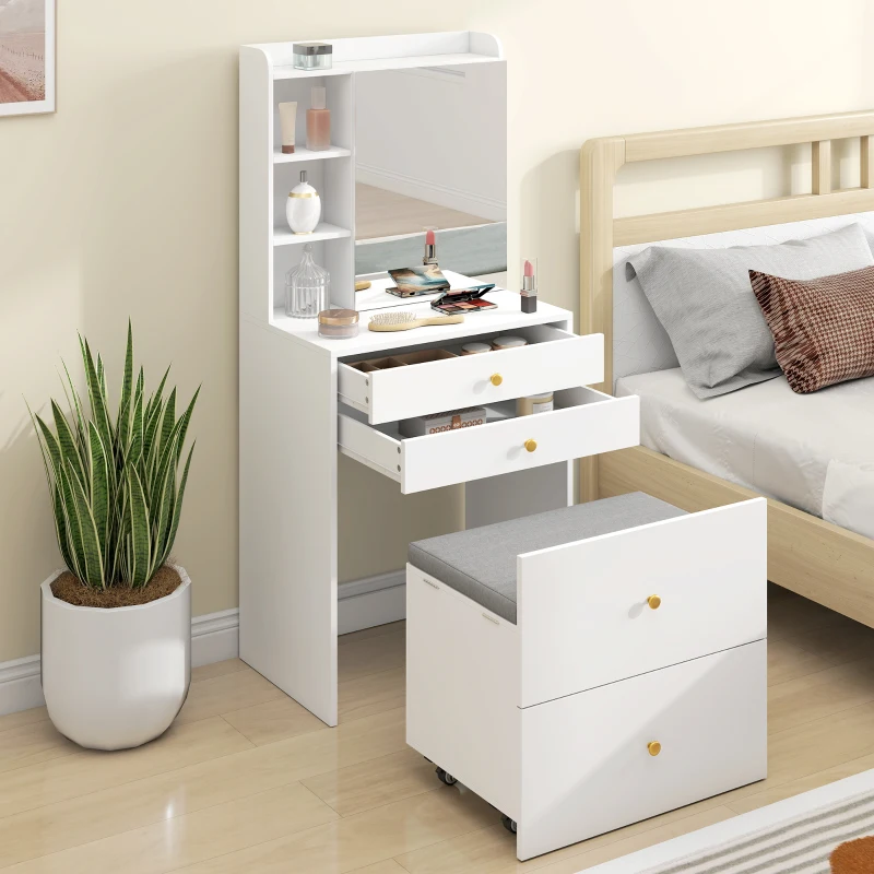 HOMCOM Schminktisch mit Spiegel und gepolstertem Hocker, kompakter Frisiertisch mit Schrank, Schubladen und offenen Ablagen, Weiß