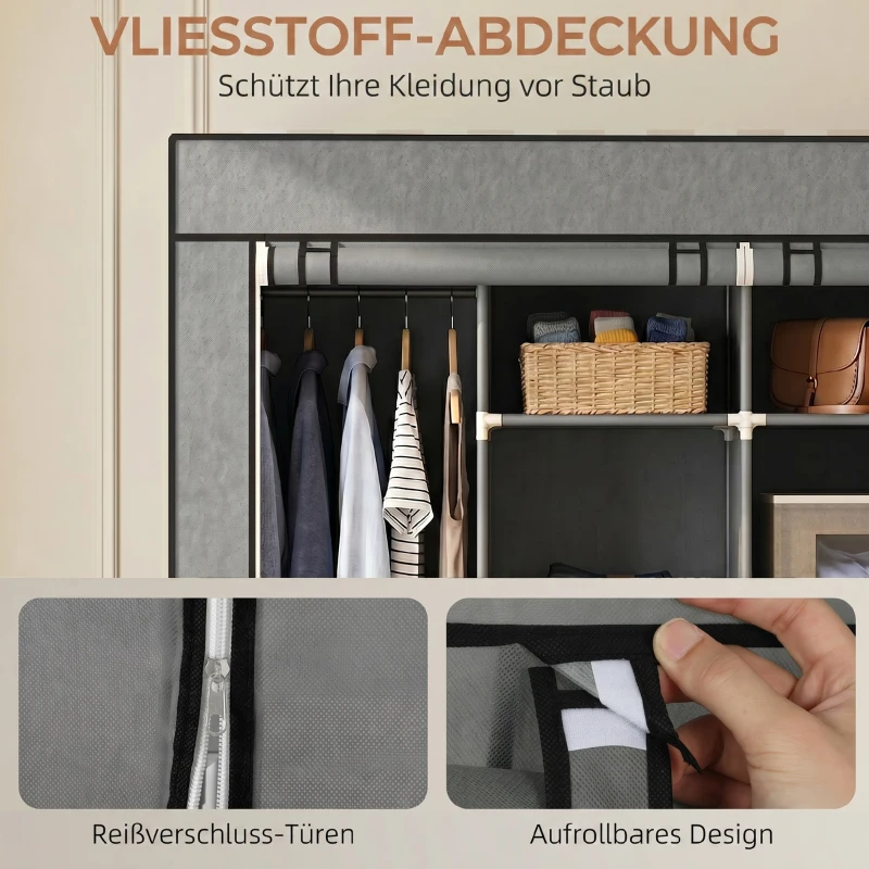 HOMCOM Kleiderschrank Stoffschrank, Türen, 2 Kleiderstangen, 10 Fächer, Grau