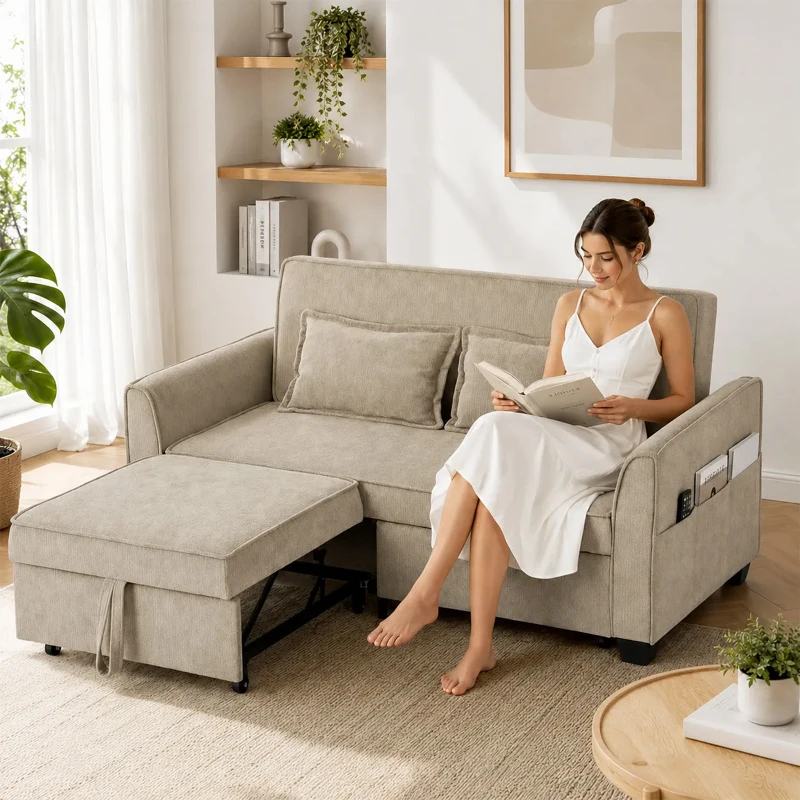 HOMCOM Sofá Convertible 2 Plazas 4 en 1 Sofá Cama Esquinero de Chenilla 167 cm con Respaldo Regulable Marrón