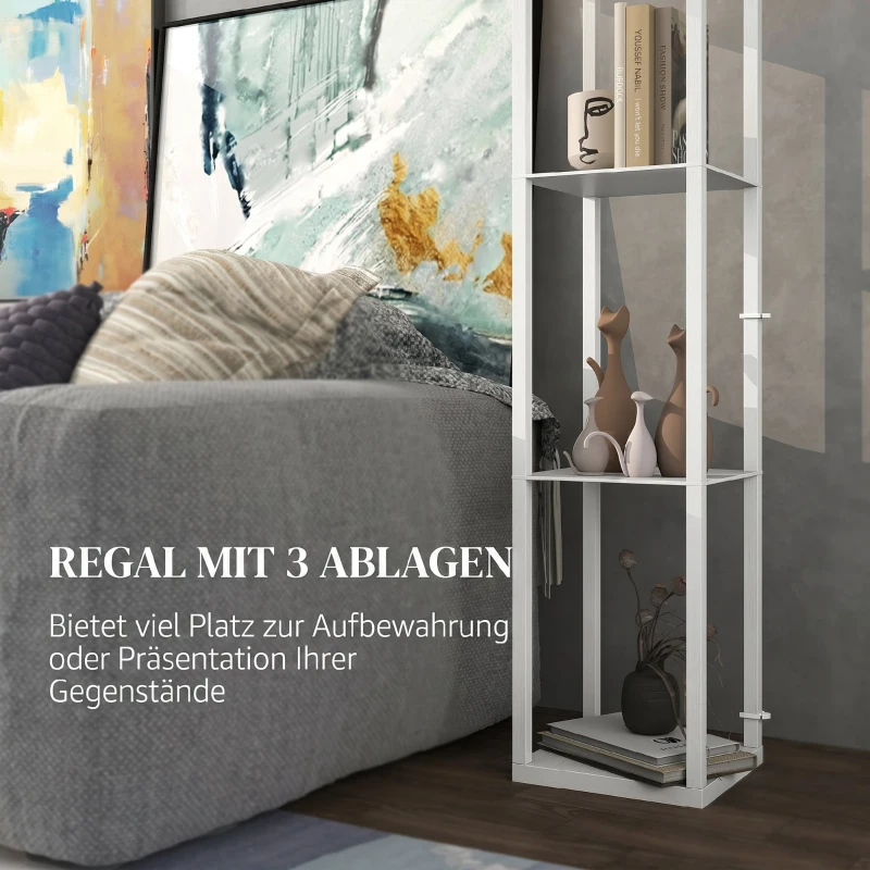 HOMCOM Stehlampe mit Regal, 3 Fächer, kompakte Maße, MDF, Weiß