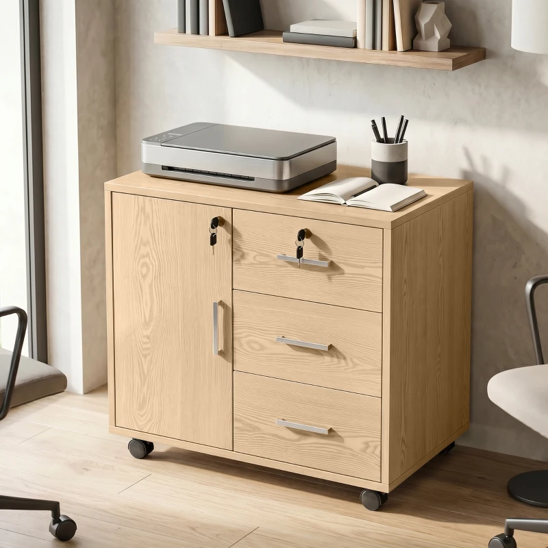 HOMCOM Caisson bureau meuble de rangement verrouillable avec 3 tiroirs et étagère réglable, roulettes, 40 x 60 x 56 cm, marron clair