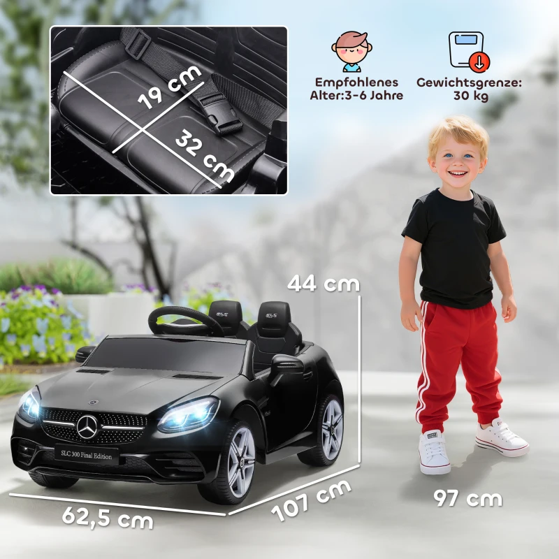 AIYAPLAY Kinder-Elektroauto, mit LED-Scheinwerfern, Sicherheitsgurt, Hupe, Musik, 3-5 km/h, schwarz, 107 x 62,5 x 44cm