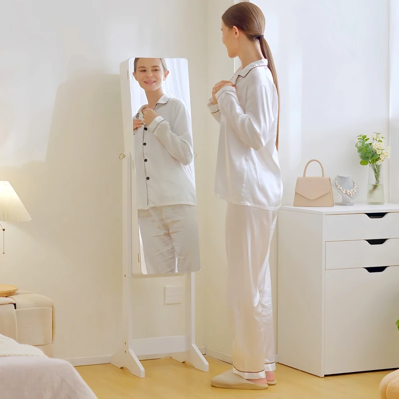 HOMCOM LED Schmuckschrank mit Innenspiegel Spiegelschrank klappbare Ablage Standspiegel verstellbar Weiß 146 cm hoch