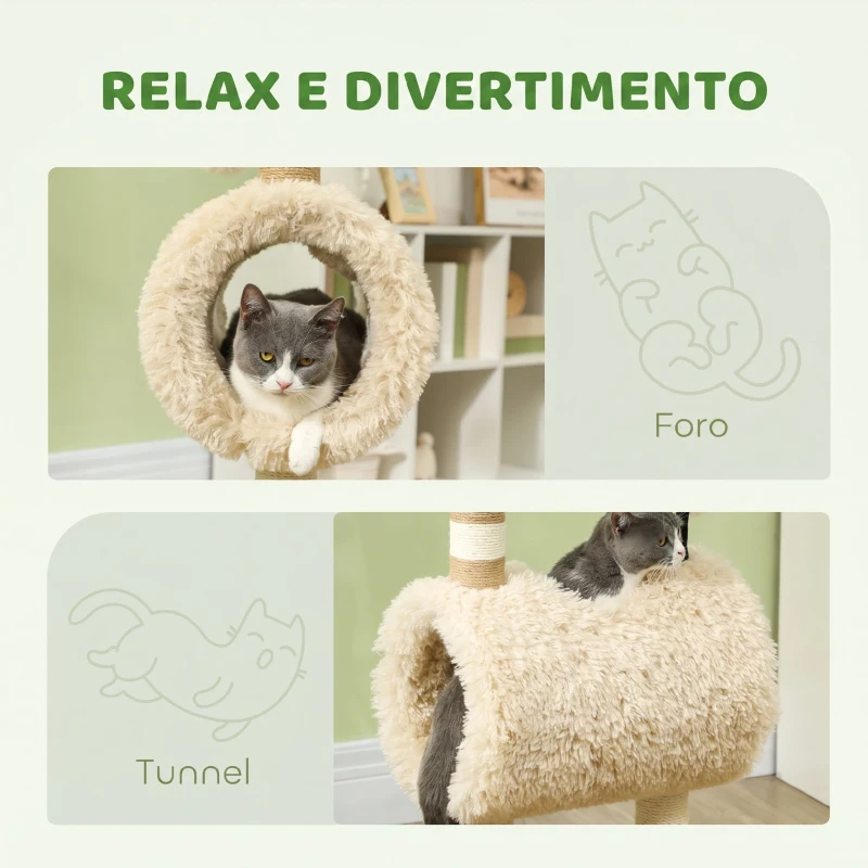 PawHut Albero Tiragraffi per Gatti a Forma di Pecora con Naso Nero, Pali in Juta, Tunnel e Pallina, Marrone Chiaro