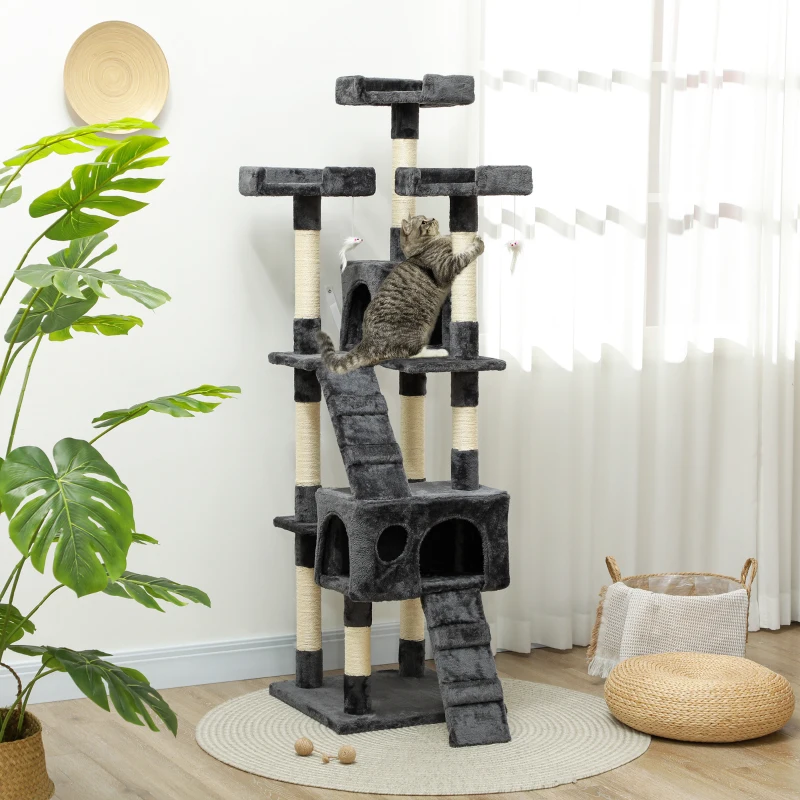 PawHut Pom pentru pisici cu 3 platforme, 2 căsuțe și jucării suspendate, din lemn și pluș, 49x49x173 cm, gri