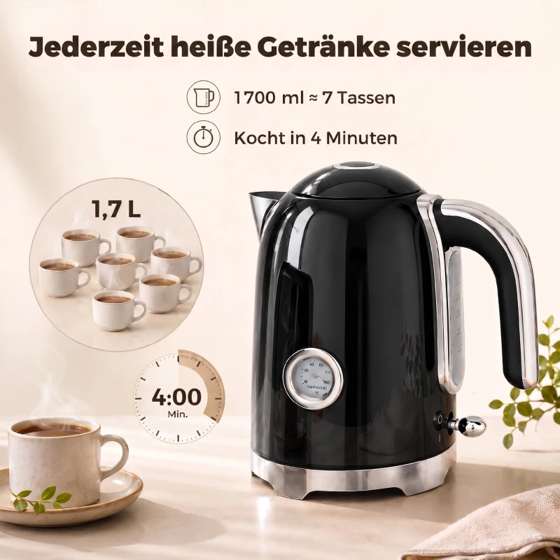 HOMCOM Wasserkocher und Toaster Set mit Thermometer, 1,7 l, 2200 W Wasserkocher, 2-Scheiben-Toaster mit 7 Bräunungsstufen