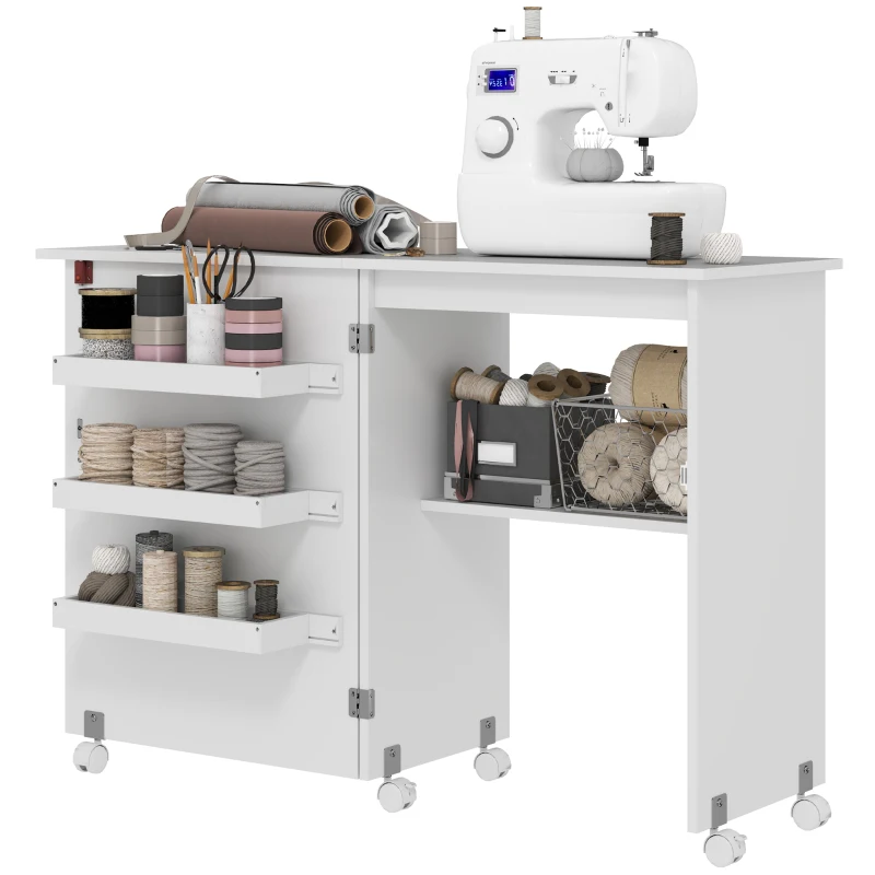 HOMCOM Mobile per Macchina da Cucire Pieghevole con Piano Ampio, 3 Contenitori, Mensola Inferiore, Ruote, Bianco