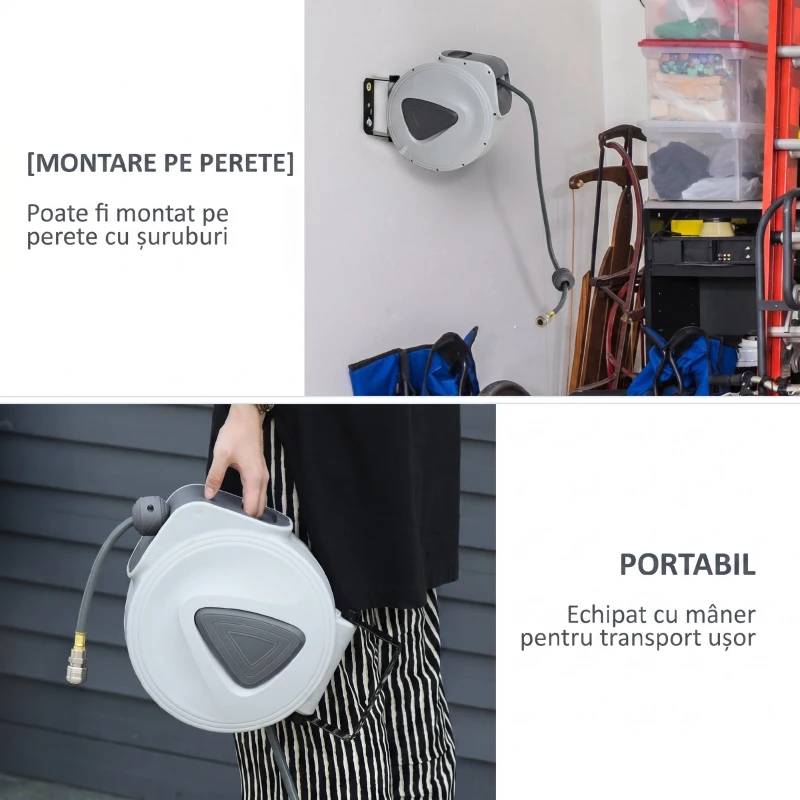 DURHAND Derulator Automat pentru Furtun Da Perete Profesional, Conector Ø1/4''furtun 15m