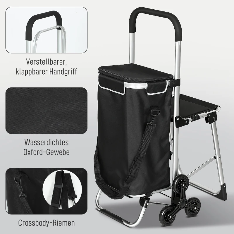 HOMCOM Einkaufstrolley, 40 L Oxford-Tasche, 3-Rad-Design, Aluminiumrahmen, Sitz, Grau