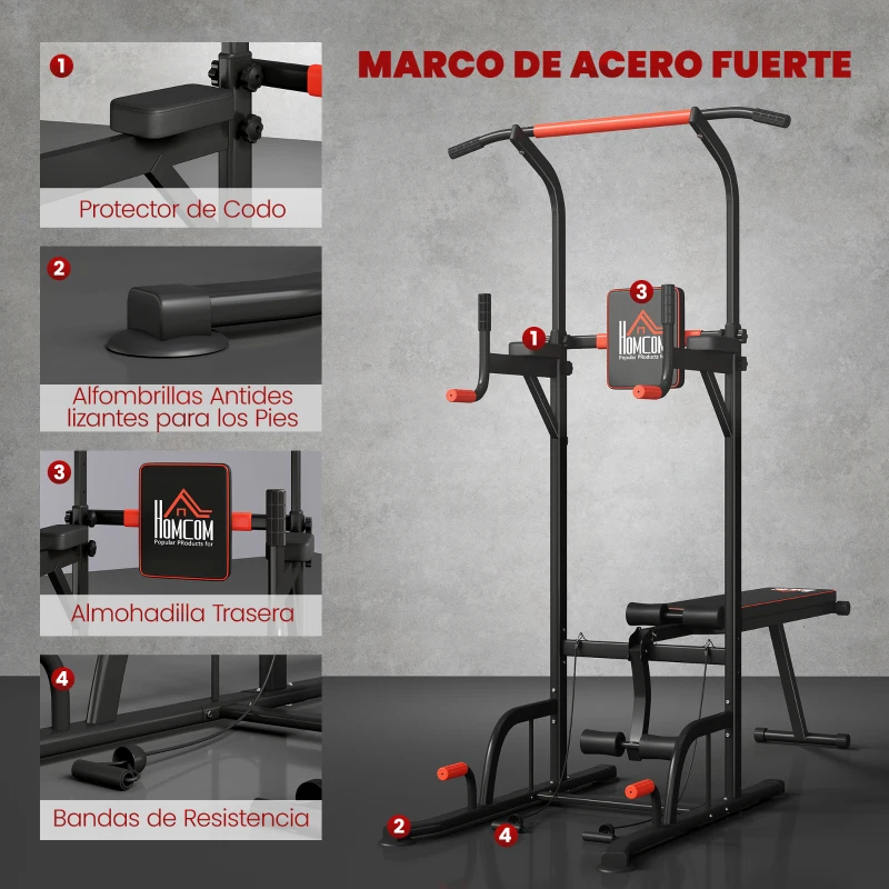 HOMCOM Barra de Dominadas Torre Entrenamiento Energía Power Tower Estación Pull Up Multifuncional Altura Ajustable 181-229 cm con Banco Plegable para Fitness Negro