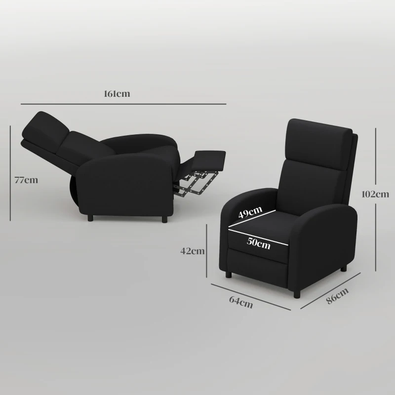 HOMCOM Fotoliu Relax Rabatabil Manual 160° cu Suport pentru Picioare, Fotoliu Ergonomic Tapițat cu Aspect de In pentru Dormitor, Birou, Living și Sufragerie, Negru