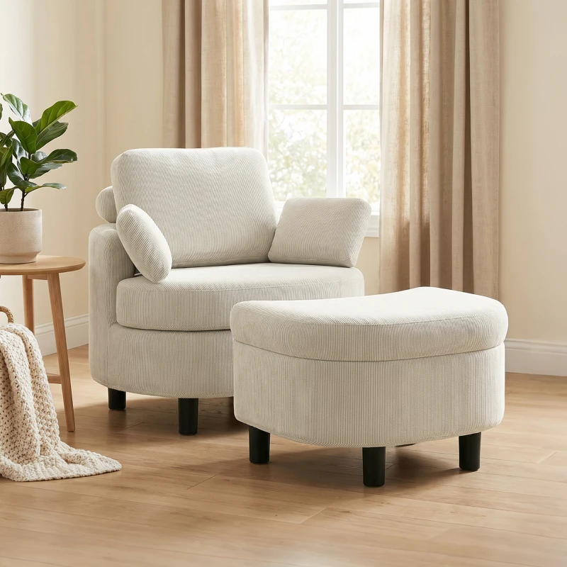 HOMCOM Fauteuil met opbergpoef, cordbekleding, omsluitende leesstoel met verstelbare hoofdsteun, brede zitting, crèmewit
