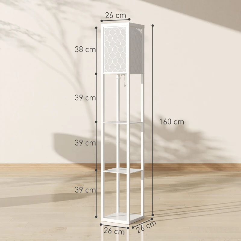 HOMCOM Stehlampe mit Regal, 3 Fächer, kompakte Maße, MDF, Weiß