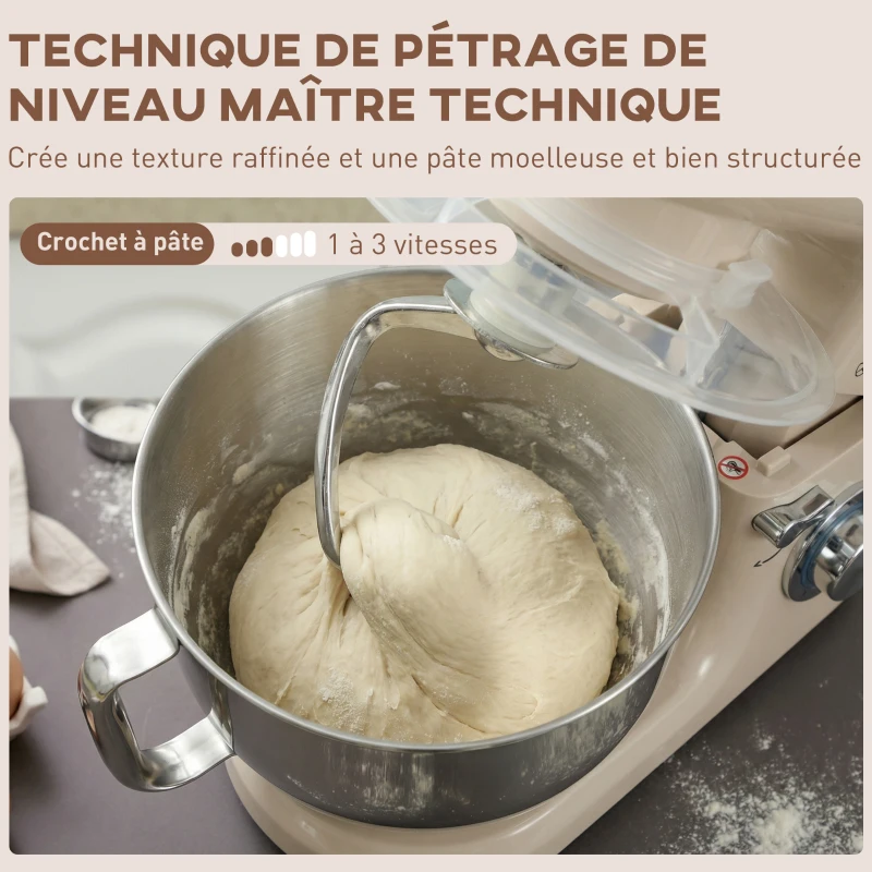 HOMCOM Robot pâtissier 1300 W, robot pétrin professionnel 4,5 L, bol d'acier inoxydable, 6+P vitesses et pulse, beige
