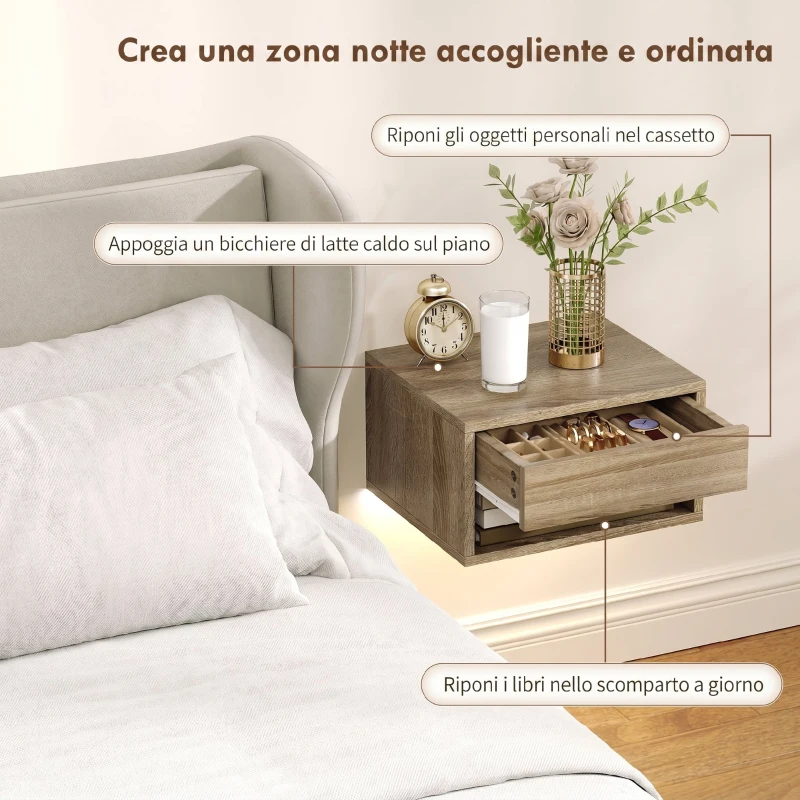 HOMCOM Set 2 Comodini Sospesi con LED RGB Integrati e Regolabili con APP, Cassetto e Ripiano, 37x32x21 cm, Color Legno