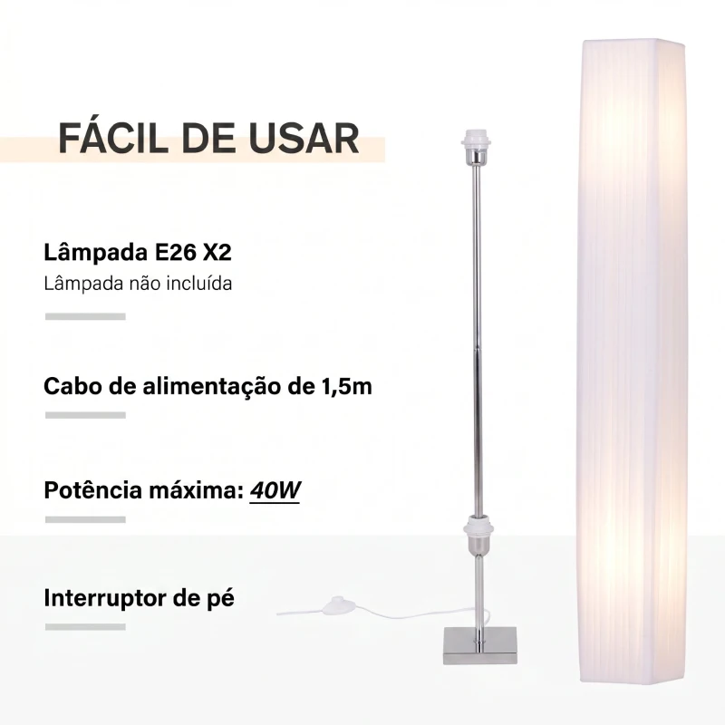HOMCOM Candeeiro de Pé com 2 Casquilhos E27, Ecrã em Tecido, Interruptor de Pedal e Base em Aço Inoxidável, Branco