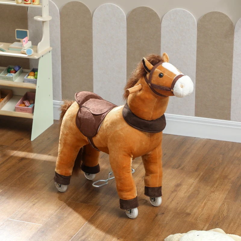AIYAPLAY Cheval à Monter pour Enfant, Cheval à Roulettes en Peluche, Poignée, 75 cm de Haut, pour 3 à 5 Ans, Marron
