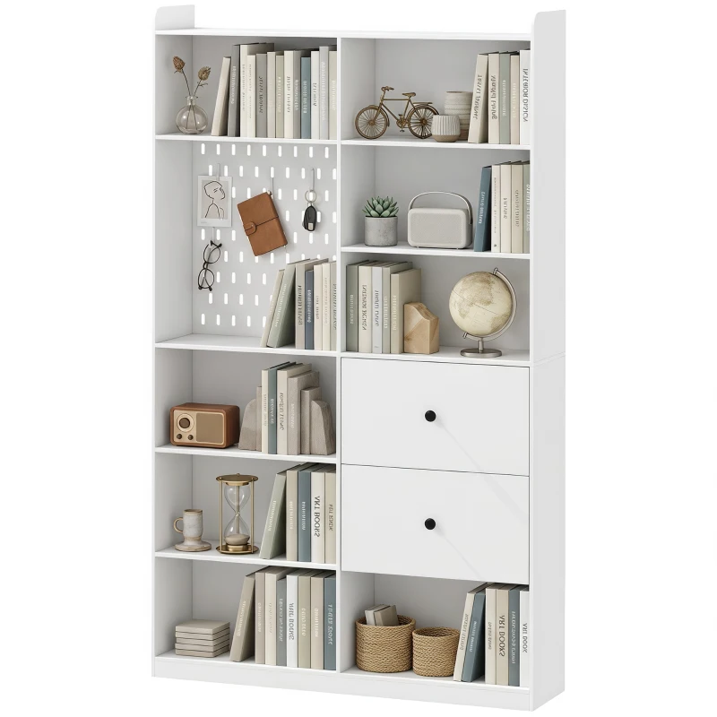 HOMCOM Bibliothèque, Étagère 6 Niveaux, 120 x 30 x 200 cm, Meuble de Rangement avec 2 Tiroirs et Panneau Perforé, Blanc
