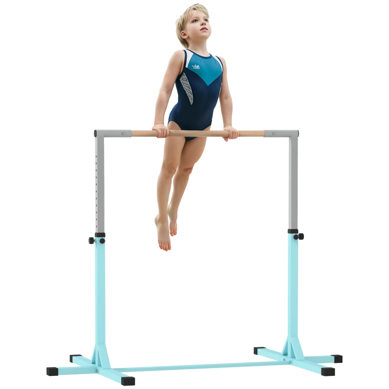 HOMCOM Bară de Gimnastică pentru Copii 3+ Ani, Înălțime Reglabilă, din Oțel și Lemn Masiv de Fag, Bleu