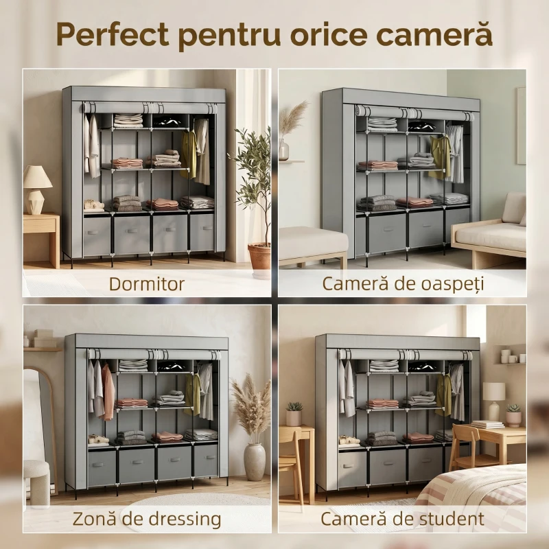 HOMCOM Dulap din Material Textil și Oțel cu 10 Compartimente, 4 Sertare și Uși cu Fermoar, Gri