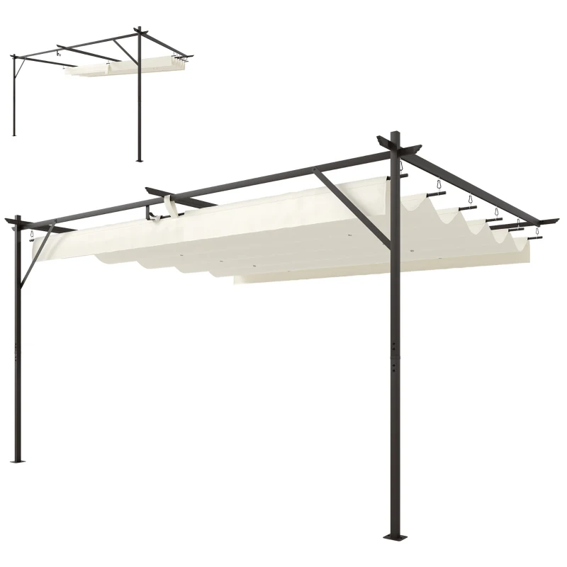 Outsunny Pérgola de Pared de Jardín 4x3 m con Techo Retráctil Protección UPF30+ Drenaje Cenador de Jardín para Exterior Crema