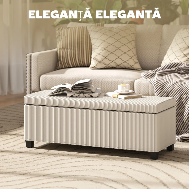 HOMCOM Bancă pentru Capătul Patului cu Spațiu de Depozitare de 84L, din Țesătură cu Aspect de Catifea și Oțel, 112x42x40 cm, Bej