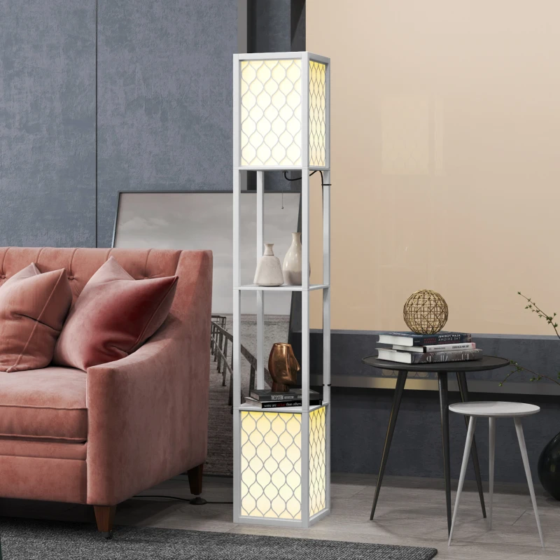 HOMCOM Lampa stojąca w nowoczesnym designie, 2 półki, łańcuszek włącznika, 26 cm x 26 cm x 156 cm, biały