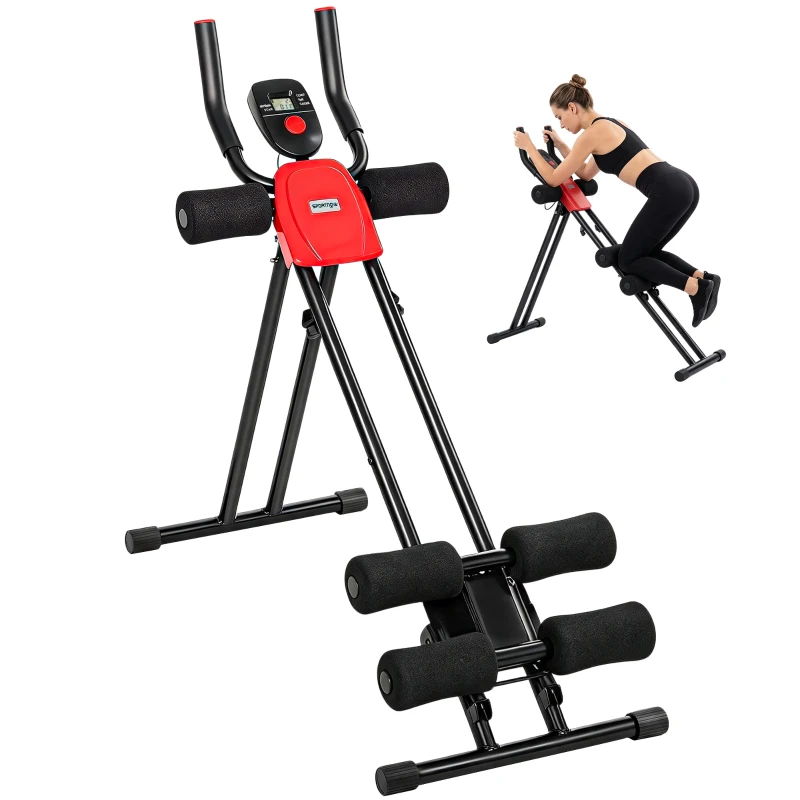 SPORTNOW Trener mięśni brzucha, składany trener mięśni brzucha z wyświetlaczem LCD, podwójne prowadnice udźwig do 120 kg, stal, czerwony