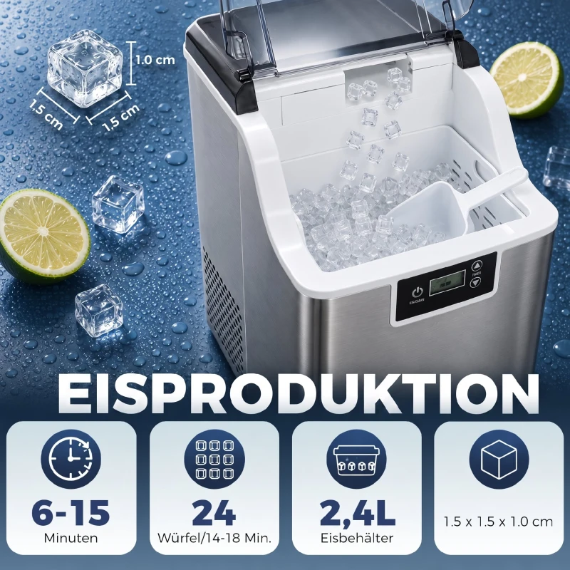 HOMCOM Eiswürfelmaschine, Eiswürfelspender, Ice-Maker, 20 kg/24h Eiswürfelbereiter mit 2,1 L Wassertank, Silber