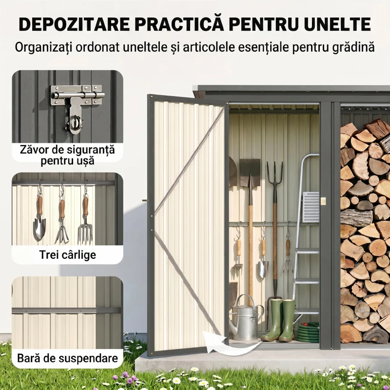 Outsunny Magazie pentru Lemne cu Acoperiș Înclinat, 235x67x149 cm, Gri Închis