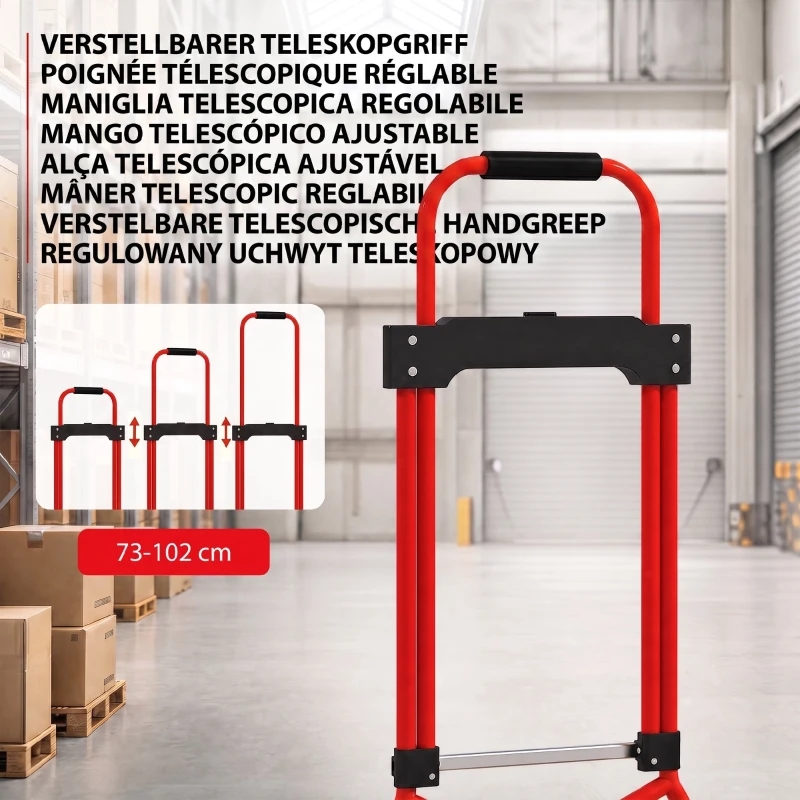 HOMCOM Carrinho de Carga Dobrável com Pega Telescópica Ajustável, 60 kg, com Rodas, para Garagem e Escritório, Vermelho
