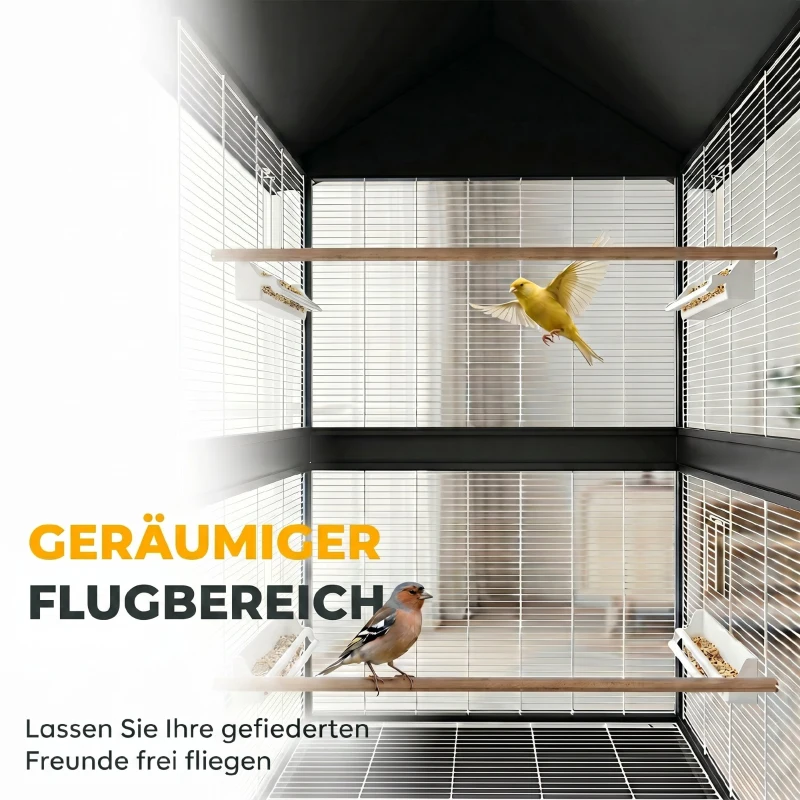 PawHut Vogelvoliere Groß Vogelkäfig mit Abnehmbar Trennwand 2 Türen 2 Holzstangen Rollen 2 Schalen 4 Futterspendern XXL