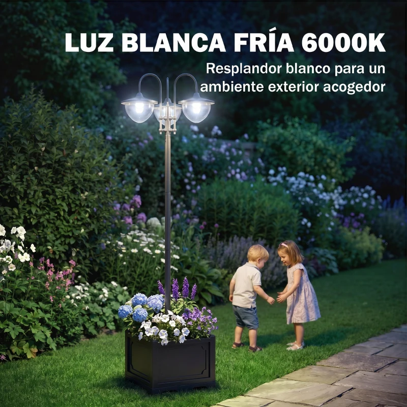 Outsunny Farol Solar de Jardín con 18 Luces LED Blanca Fría 6000K IP44 para Camino Terraza Patio 60x55x189 cm Negro