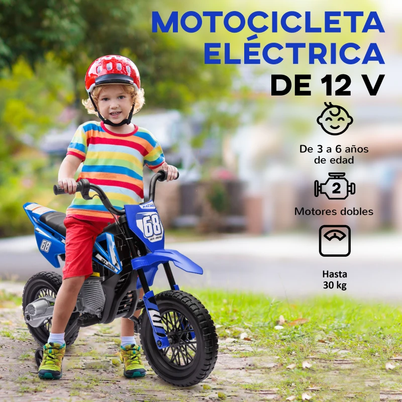 AIYAPLAY Moto Eléctrica para Niños 12V con 2 Motores Suspensión Trasera Ruedas de Apoyo Desmontables Música Niños 3-6 Años Azul