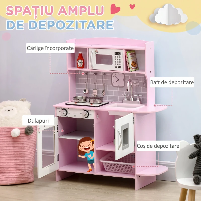 HOMCOM Bucătărie de Jucărie pentru Copii, cu Lumini și Sunete, Dozator Apă, Chiuvetă și Accesorii, MDF, PP, Roz