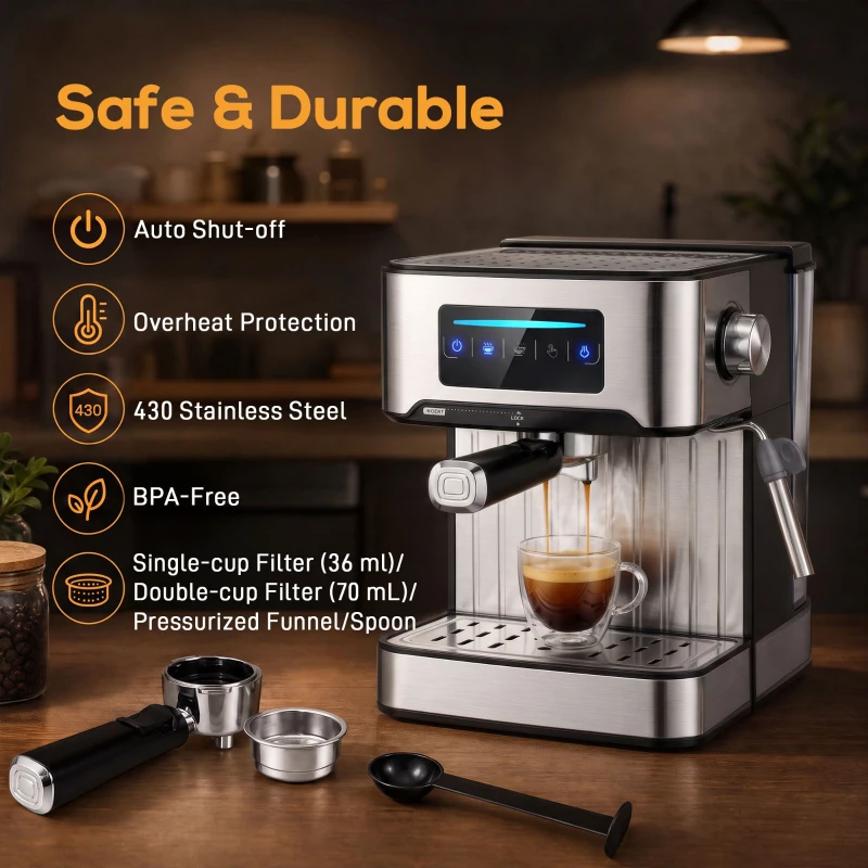 HOMCOM Espresso Machine, 20-Bar Cappuccino Coffee Maker with Frother Wand, 1.6L Tank, Single/Double/Manual Shot, LED Touch