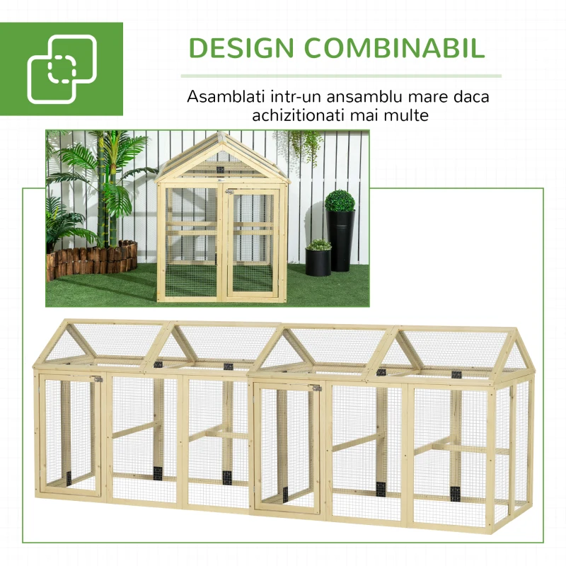 PawHut Țarc pentru Găini de Exterior din Lemn, Cușcă pentru Găini cu Uși Multiple și Plasă Metalică, 140x88.5x106 cm, Culoare Lemn