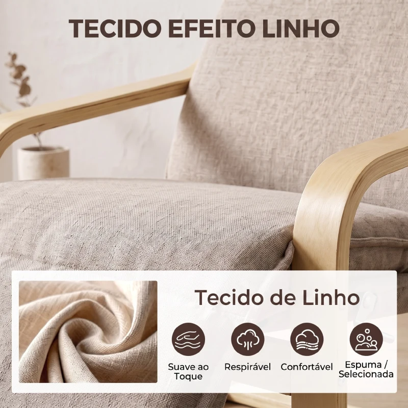 HOMCOM Cadeirão para Sala em Tecido Aspeto Linho com Apoio para os Pés Baloiço Suave Encosto Alto e Assento Largo Castanho Claro