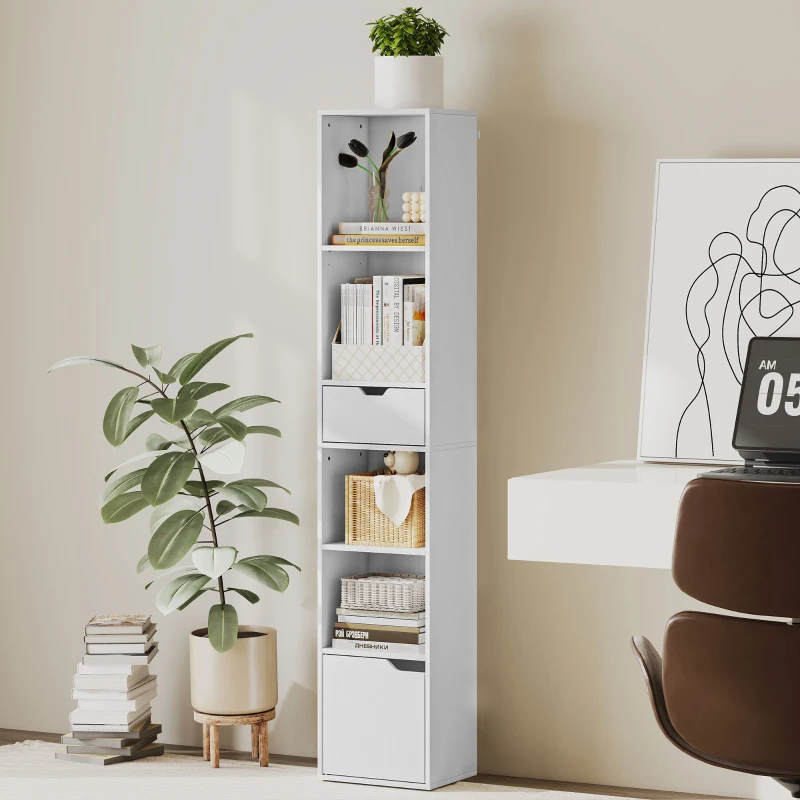 HOMCOM Bücherregal mit 6 Ebenen, 3-stufig verstellbar, mit Schublade, Schranktür, anpassbares Regal, Ausstellungsregal, Weiß
