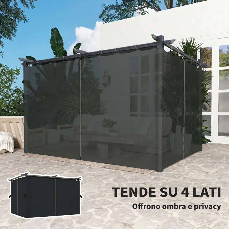 Outsunny Pérgola con Techo Retráctil 4x3 m Cenador con Paredes Laterales Anti-UV Resistente al Agua para Jardín Patio Gris Oscuro