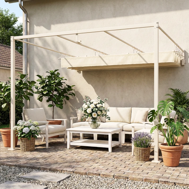 Outsunny Pérgola de Pared de Jardín 3x3 m con Techo Retráctil Protección UPF30+ Drenaje Cenador de Jardín para Exterior Beige
