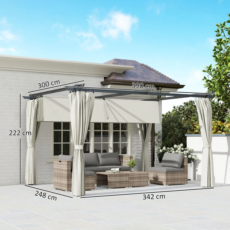 Outsunny Pérgola con Techo Retráctil 4x3 m Cenador con Paredes Laterales Anti-UV Resistente al Agua para Jardín Patio Crema