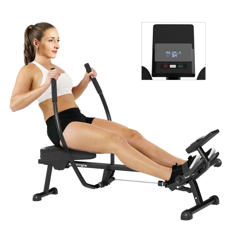 Aparat de Vâslit Hidraulic SPORTNOW cu 12 Niveluri de Rezistență, Echipament Fitness pentru Acasă cu Ecran LCD și Pedale Anti-Alunecare, Capacitate Maximă 130KG, Antrenament Cardio, Negru