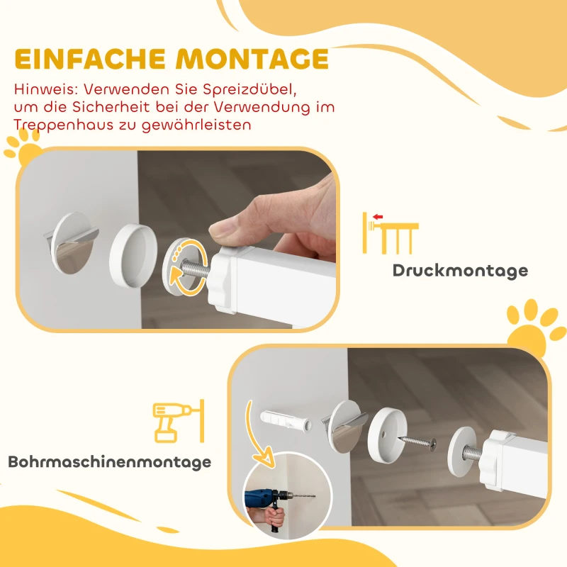 PawHut Treppenschutzgitter Absperrgitter ohne Bohren mit automatische Schließung für Kinder Küche Treppe 76-102 x 76 cm Weiß