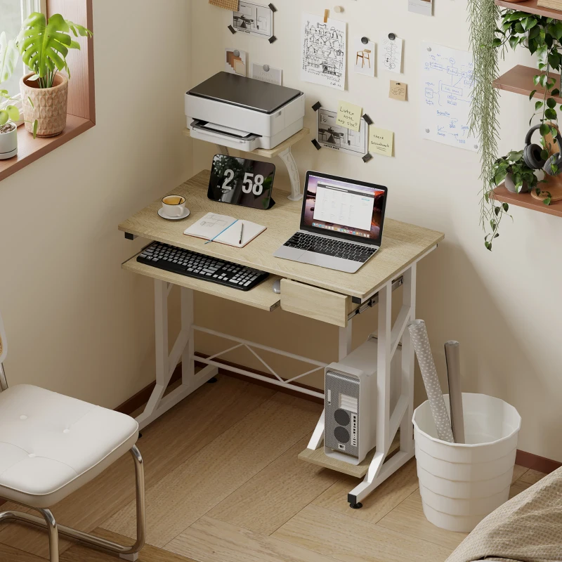 HOMCOM Mesa de Escritorio Mesa de Estudio con Bandeja de Teclado y Cajón Mesa de Ordenador para Despacho 90x50x100 cm Roble
