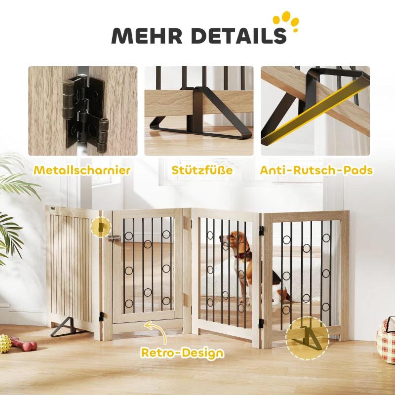 PawHut Vrijstaand huisdierhek, hondenhek met deur, 4 panelen, voor gang, trap, deurkozijn, MDF, staal