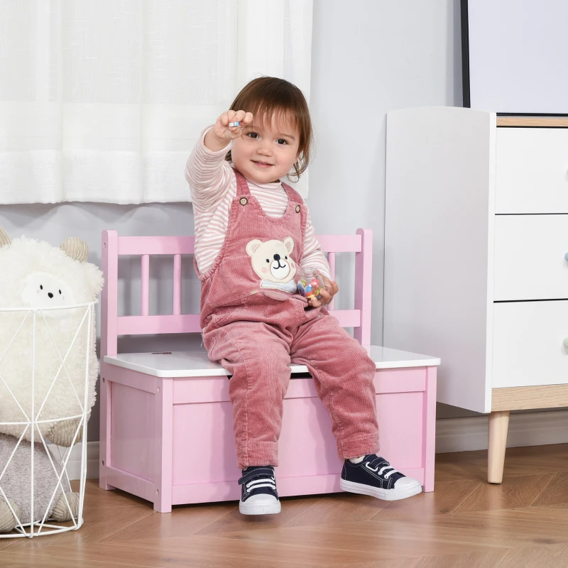 HOMCOM Banco Almacenaje para Niños con Respaldo y Tapa Amortiguadora Carga 40 kg para Salas de Juego 60x30x50 cm Rosa y Blanco